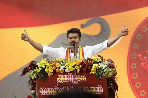 Actor and founder of Tamilaga Vetri Kazhagam Vijay addresses during his pary's first political conference, at Vikravandi in Villupuram district, Sunday, Oct. 27, 2024.