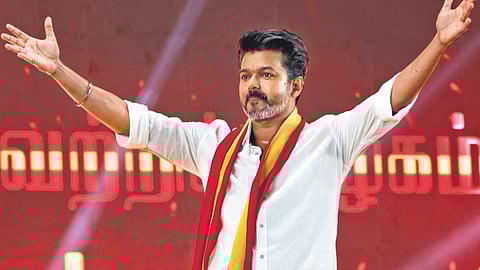 Actor Vijay during Tamilaga Vettri Kazhagam (TVK)'s first political conference in Vikravandi, Tamil Nadu, on Sunday.