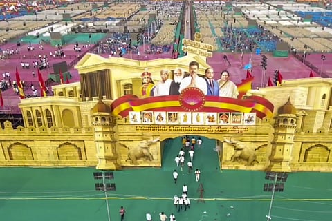 A top view of supporters arriving ahead of actor and Tamizhaga Vetri Kazhagam chief Vijay's public meeting, in Chennai, Sunday, Oct. 27, 2024.