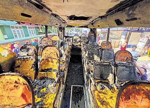 Interior of the KSRTC low-floor bus that caught fire on Chittoor Road