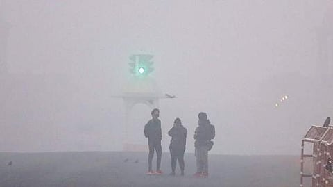 Poor air quality reducing visibility in Delhi.