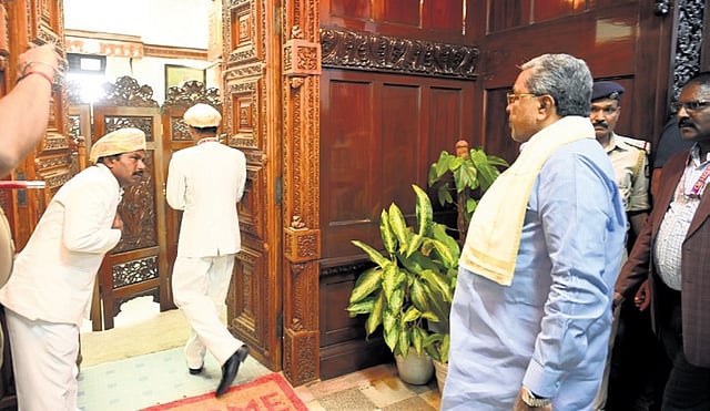 Chief Minister Siddaramaiah arrives for the cabinet meeting at Vidhana Soudha in Bengaluru on Monday | nagaraja gadekal