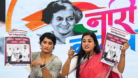 Congress leaders Alka Lamba (R) and Vinesh Phogat (L) during a press conbference at the AICC headquarters in New Delhi, Monday, Oct. 28, 2024.