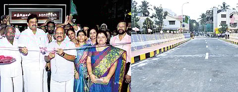 Minister T M Anbarasan inaugurating the bridge connecting Jeevan Nagar with Medavakkam Main Road on Monday