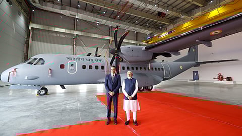 Prime Minister Narendra Modi and Spanish Prime Minister Pedro Sanchez during inauguration of the TATA Aircraft Complex, in Vadodara, Gujarat.