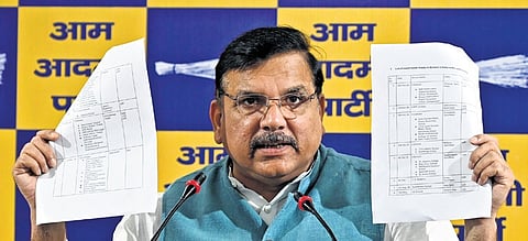 AAP Rajya Sabha MP Sanjay Singh addressing a press conference.