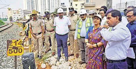 Chief Secretary Shalini Rajneesh inspects the progress of work on the Suburban Rail’s Corridor 2 in Kanakanagar on Tuesday