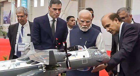 Prime Minister Narendra Modi and Spanish Prime Minister Pedro Sanchez with Tata Sons Chairman Natarajan Chandrasekaran visit the TATA Aircraft Complex after its inauguration, in Vadodara, Gujarat, Monday, Oct. 28, 2024.