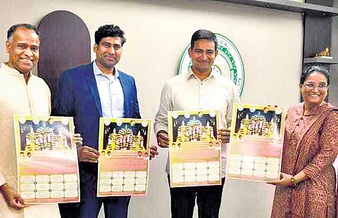 MSME Minister Kondapalli Srinivas and others unveiled the posters for the Srinivasa Kalyanams at the State Secretariat on Tuesday.