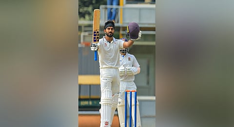 Vijay Shankar celebrates after the three-figure mark against Chhattisgarh on Tuesday