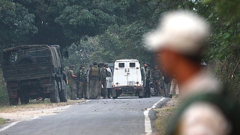 Army jawans near the site of the encounter between security forces and terrorists on the second day after terrorists fired at an ambulance that was part of an Army convoy, in Akhnoor sector of Jammu and Kashmir, Tuesday, Oct. 29, 2024.
