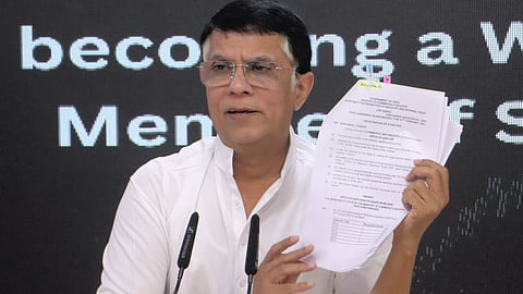 Congress leader Pawan Khera addresse a press conference on issue of alleged SEBI scam, at AICC in New Delhi, Tuesday, Oct. 29, 2024.