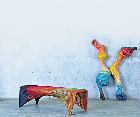 The Wicker Story features a wide range of functional creations in rattan—benches, lighting installation, chairs among others.