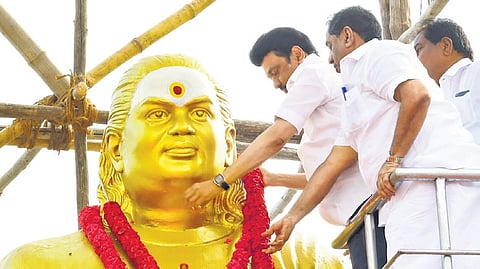 Tamil Nadu Chief Minister Stalin garlanding Thevar’s statue at Goripalayam in Madurai on Wednesday
