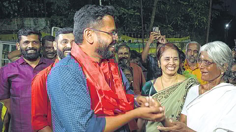 LDF candidate P Sarin interacts with voters in Palakkad