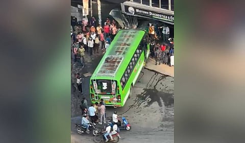 A woman died, and eight others sustained serious injuries after a private passenger bus collided with a lorry at Vallathol Nagar Junction in Thrikkakara.