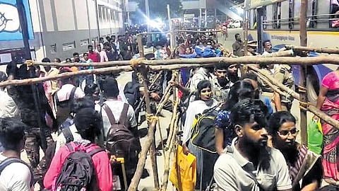 Workers in Tiruppur make a beeline for buses heading home, mostly in delta districts, on Tuesday night to celebrate Deepavali with families