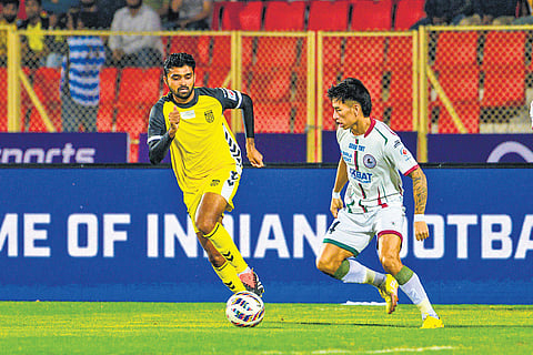 Action from the ISL match between Hyderabad FC and Mohun Bagan at the GMC Balayogi Athletic Stadium in Hyderabad on Wednesday. The home team lost 0-2