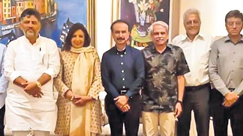 A delegation led by Deputy Chief Minister DK Shivakumar with Biocon founder Kiran Mazumdar-Shaw at the latter’s residence on Wednesday