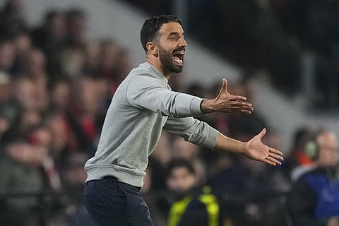 Sporting's head coach Ruben Amorim reacts during the Champions League opening phase soccer match between PSV Eindhoven and Sporting CP at Philips stadium in Eindhoven, Netherlands, on Oct. 1, 2024. (AP Photo