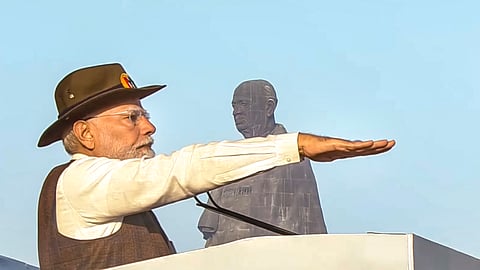 Prime Minister Narendra Modi administers the Ekta pledge during the Ekta Diwas Parade at the Statue of Unity on the occasion Sardar Vallabhbhai Patel's birth anniversary, in Kevadia, Thursday, Oct. 31, 2024.