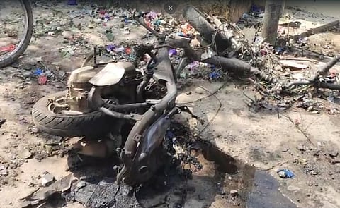 Remains of the scooter after a bag containing "onion bombs" and other crackers exploded