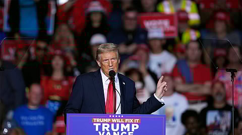 Republican presidential nominee former President Donald Trump speaks during a campaign rally at Lee's Family Forum, Thursday, Oct. 31, 2024, in Henderson, Nevada.
