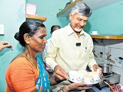 CM Chandrababu Naidu made tea at the house of Santhamma, a beneficiary of Deepam 2.0 scheme, at Edurupuram in Srikakulam district on Friday