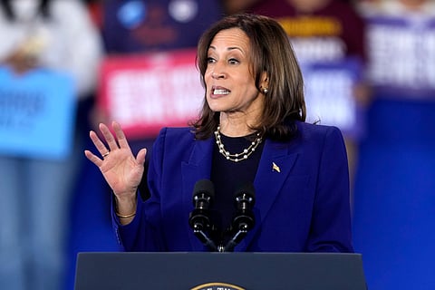 Democratic presidential nominee Vice President Kamala Harris speaks during a campaign rally at the Reno Events Center in Reno.