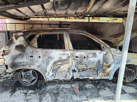 The car that gutted in fire at a house in Ambedkar gramam in Panangode