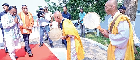 Chief Minister Mohan Charan Majhi being welcomed at Dhauli, on Sunday.