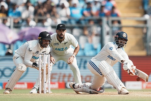 India's Rishabh Pant plays a shot during day three of third Test cricket match between India and New Zealand at Wankhede Stadium, in Mumbai, Sunday, Nov. 3, 2024.