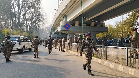 Security personnel at the spot after a grenade attack by terrorists in Srinagar, Sunday, Nov. 3, 2024.