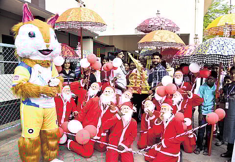 Participants of a procession accompanying Chief Minister’s Trophy in a cheerful mood at St George High School in Edappally, Kochi, on Sunday