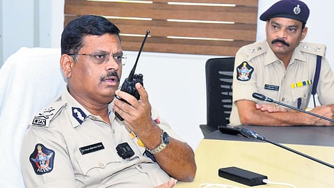 NTR District Commissioner of Police SV Rajasekhar Babu reviewing drone operations along with other personnel in Vijayawada