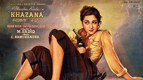 A gun-toting Madhubala on the song booklet cover of Khazana (1951). The film is about the adventures of a wealthy merchant (Om Prakash), his daughter and an archaeologist (Nasir Khan) who embark on a treasure hunt.