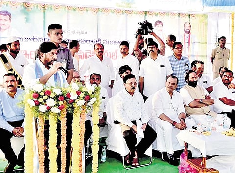 Deputy Chief Minister Mallu Bhatti Vikramarka addresses the gathering after he, along with Irrigation Minister Uttam Kumar Reddy, laid the foundation for an integrated residential school at Gaddipally in Huzurnagar constituency on Sunday