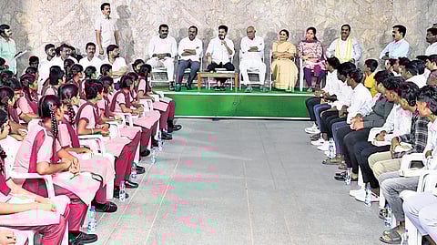 Chief Minister A Revanth Reddy addresses the students of various welfare schools and hostels in Hyderabad on Monday