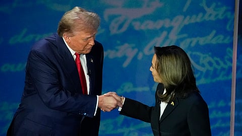 Republican presidential nominee former President Donald Trump and Democratic presidential nominee Vice President Kamala Harris shake hands before the start of an ABC News presidential debate at the National Constitution Center, Tuesday, Sept. 10, 2024.