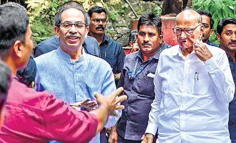 Shiv Sena (UBT) Chief Uddhav Thackeray and NCP (SP) Chief Sharad Pawar after a meeting ahead of Maharashtra Assembly polls in Mumbai.