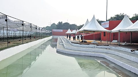 Chhath Puja preparations at the bank of Yamuna river on Monday.