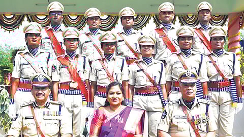 DGP Ch Dwaraka Tirumala Rao and Home Minister Vangalapudi Anitha take part in the passing out parade of DSPs in Anantapur on Tuesday