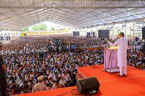 Shiv Sena (UBT) Chief Uddhav Thackeray addresses during a public meeting ahead of the Maharashtra Assembly election.