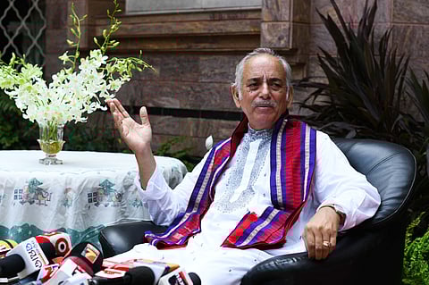 Gajapati Maharaj Dibyasingha Deb addressing mediapersons on Tuesday