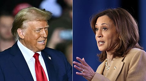 This combination of pictures, created on November 03, 2024, shows Republican presidential candidate Donald Trump (L) at a campaign rally in Allentown, Pennsylvania, on October 29, 2024, and Democratic presidential candidate Kamala Harris (R) during a campaign rally in Charlotte, North Carolina, on November 2, 2024.