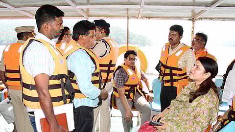 Nandyal Collector G Rajakumari along with SP Adhiraj Raj Singh and MLA Budda Rajasekhar Reddy inspecting Seaplane Trial Run arrangements in Srisail