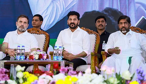 Congress MP Rahul Gandhi, Telangana Chief Minister A. Revanth Reddy and Deputy CM Bhatti Vikramarka at the State Level Consultation on Caste Census at Bowenpally