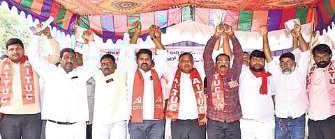 Auto unions protest at the Dharna Chowk near Indira Park in Hyderabad on Tuesday