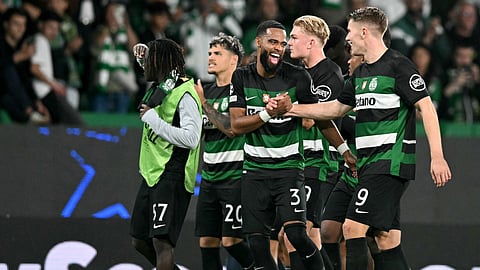 Sporting Lisbon's players celebrate victory at the end of the UEFA Champions League, league phase day 4 football match between Sporting Lisbon and Manchester City at the Jose Alvalade stadium in Lisbon on November 5, 2024.