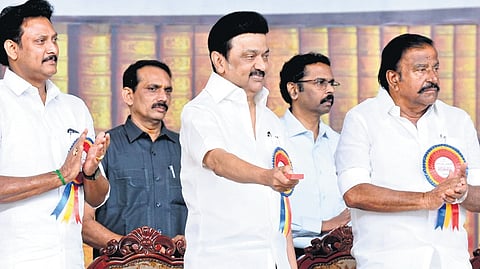 CM M K Stalin laying foundation stone for the Rs 300-crore Periyar library at Anuparpalayam in Coimbatore on Wednesday